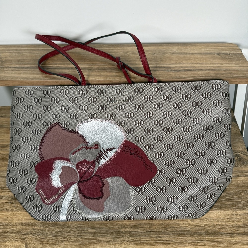 Nine West Floral Tote Bag Medium‎ Brown Scarlet Red